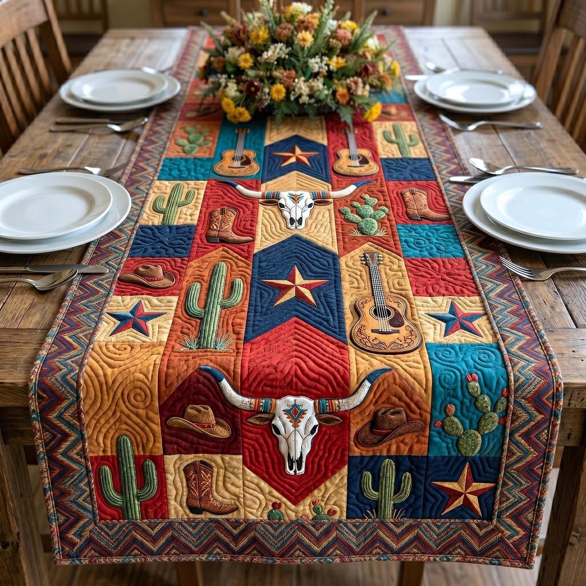 Red Western Blocks with Longhorn Skull Table Runner - Made to Order TABLE928