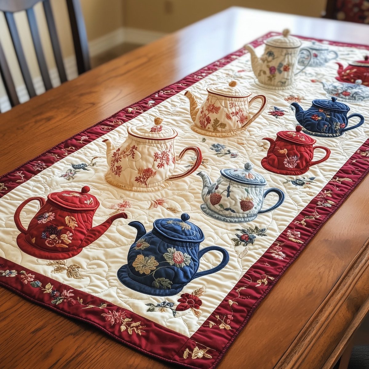 Red Teapots with Rose Border Table Runner - Made to Order TABLE928