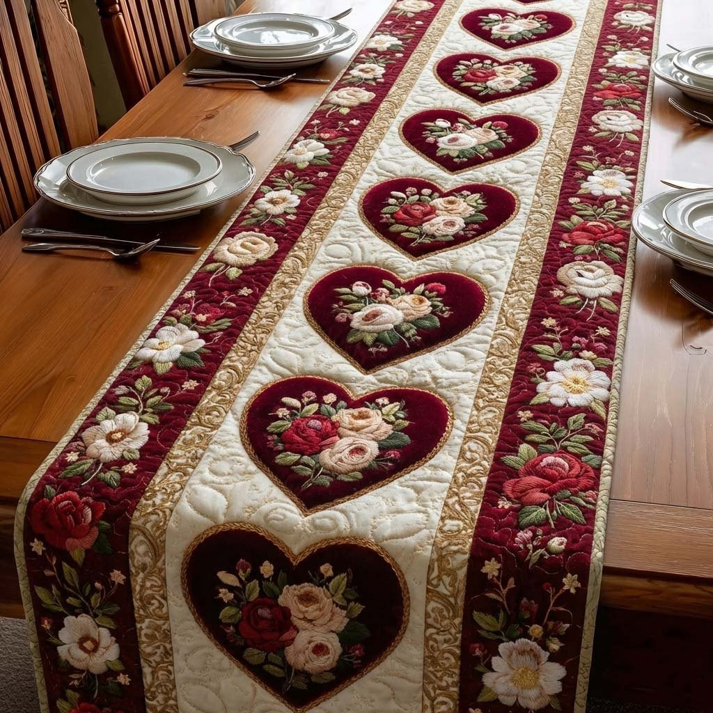 Rose Hearts with Burgundy Border Table Runner - Made to Order TABLE928