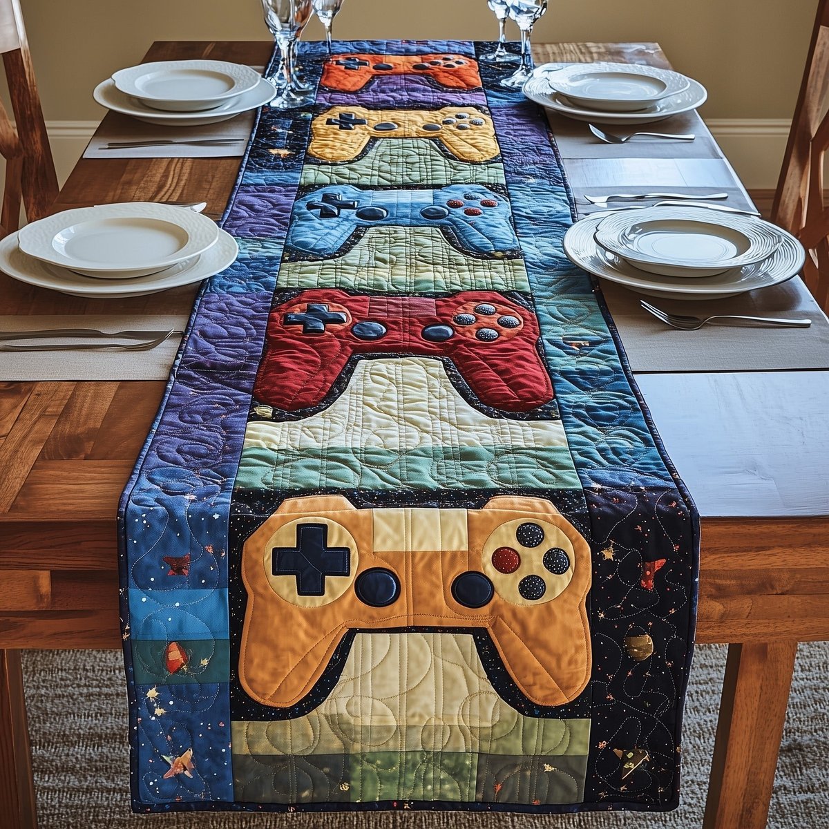 Red and Orange Controllers on Navy Table Runner - Made to Order TABLE928