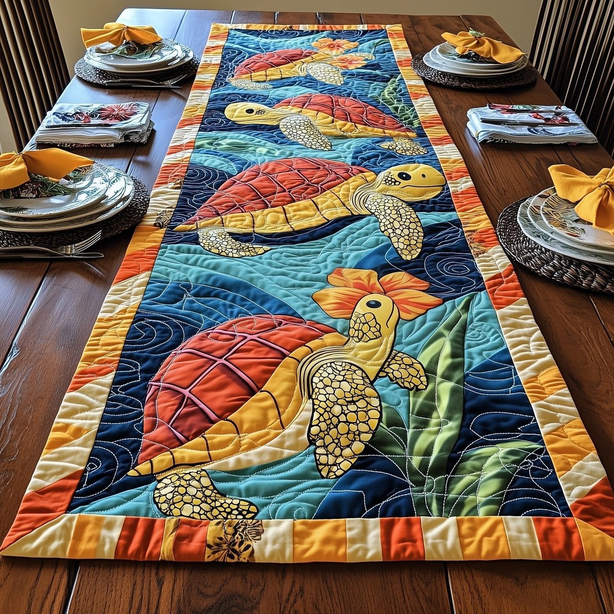 Red and Yellow Turtles with Seaweed Table Runner - Made to Order TABLE928