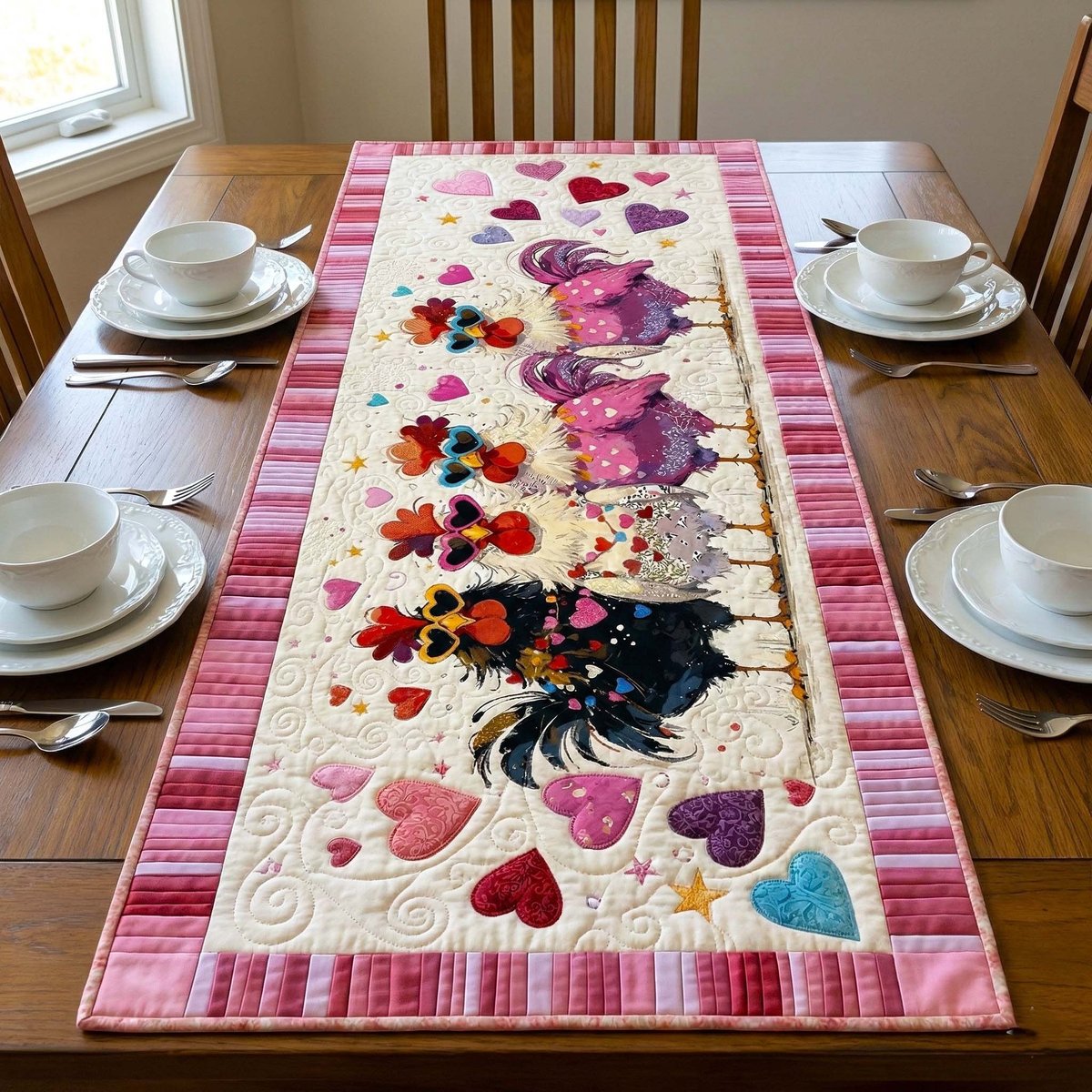 Rooster of Hearts on Pink Table Runner - Made to Order TABLE928