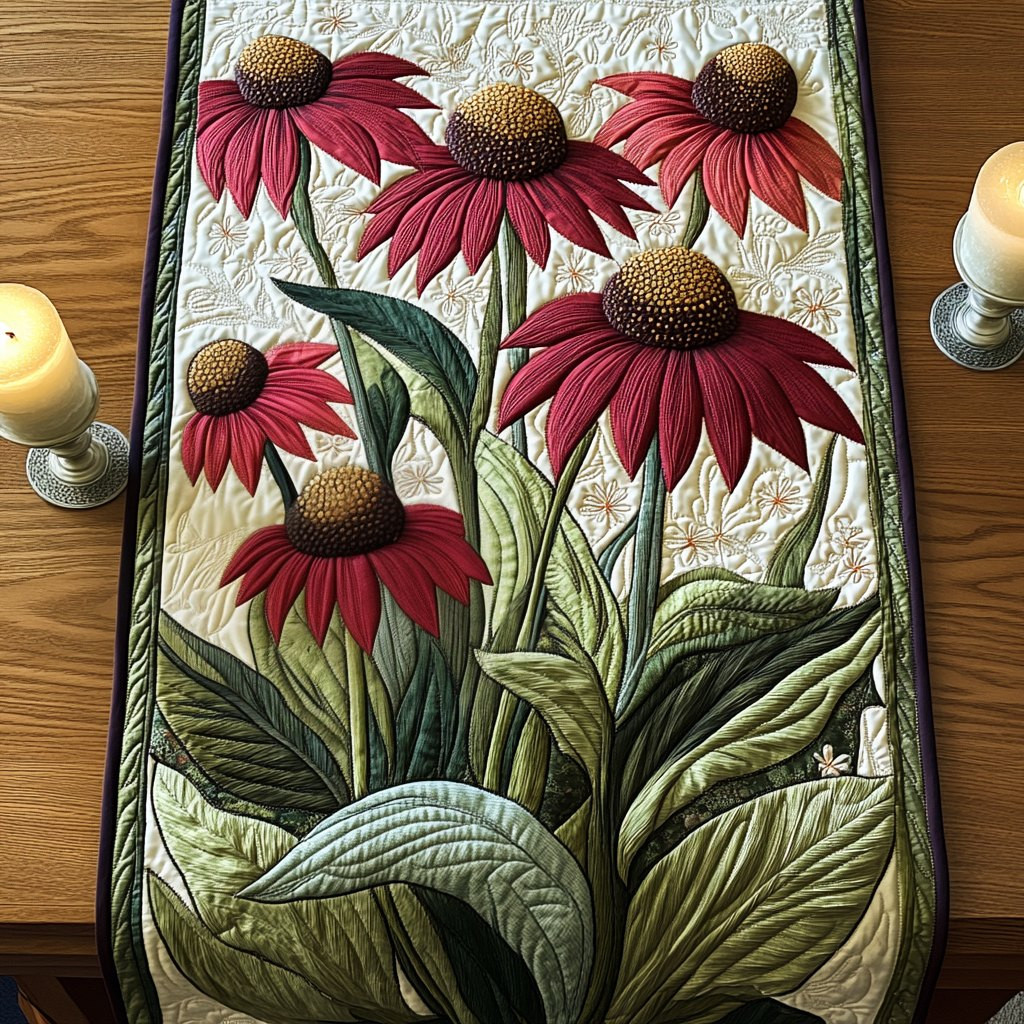 Red and Pink Coneflowers on Cream Table Runner - Made to Order TABLE928