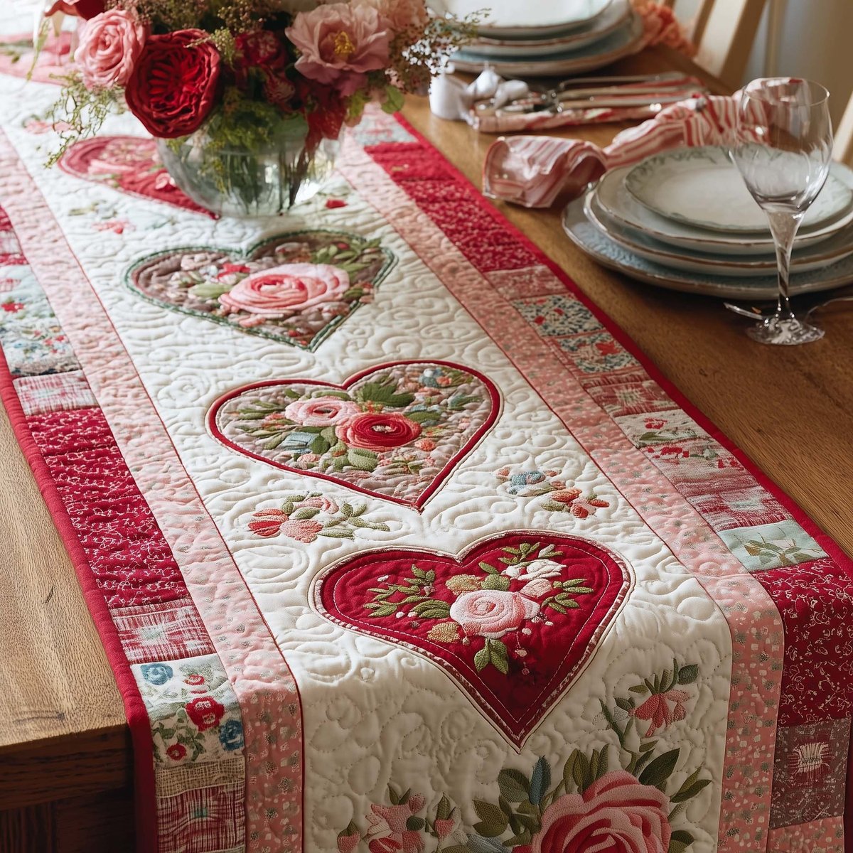 Rose Hearts on Pink Stripes Table Runner - Made to Order TABLE928