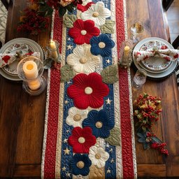 Red and Cream Flowers on Blue Stripes Table Runner - Made to Order TABLE928