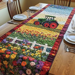 Red Tractor Above Flower Rows Table Runner - Made to Order TABLE928