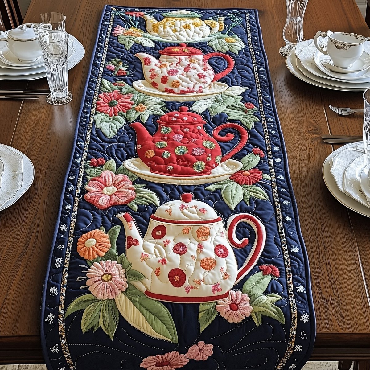 Red and Cream Teapots with Flowers Table Runner - Made to Order TABLE928