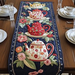 Red and Cream Teapots with Flowers Table Runner - Made to Order TABLE928