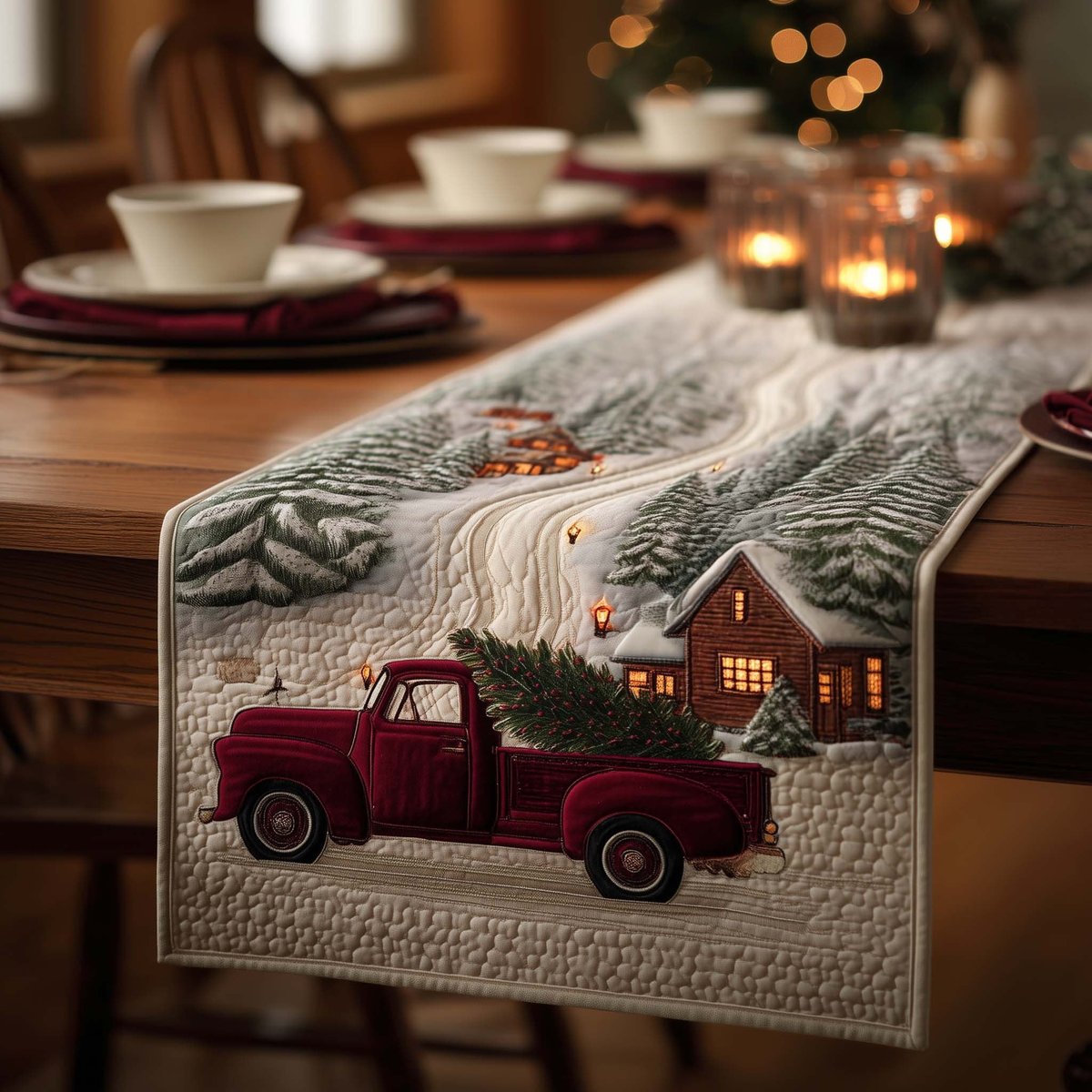 Red Truck Hauling a Tree Table Runner - Made to Order TABLE928