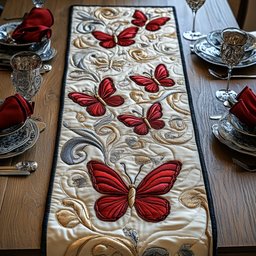 Red Butterflies on Cream Swirls Table Runner - Made to Order TABLE928