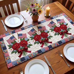 Red Roses with American Flags Table Runner - Made to Order TABLE928