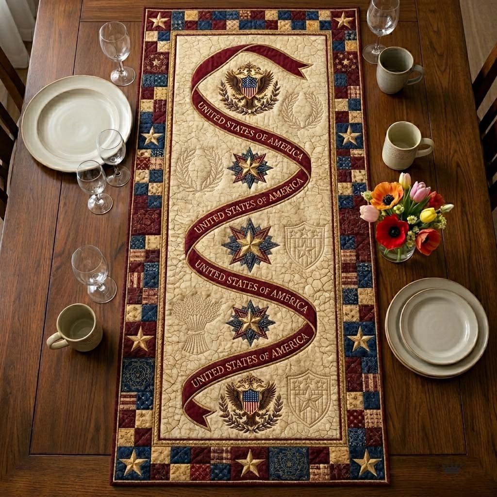 Red Ribbon Swirl with Star Blocks Table Runner - Made to Order TABLE928