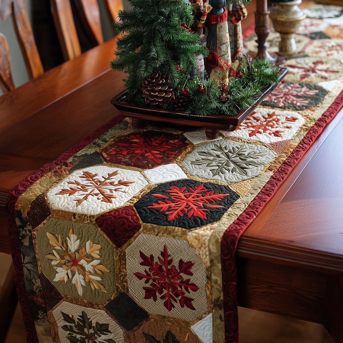 Red and White Snowflake Hexagons Table Runner - Made to Order TABLE928