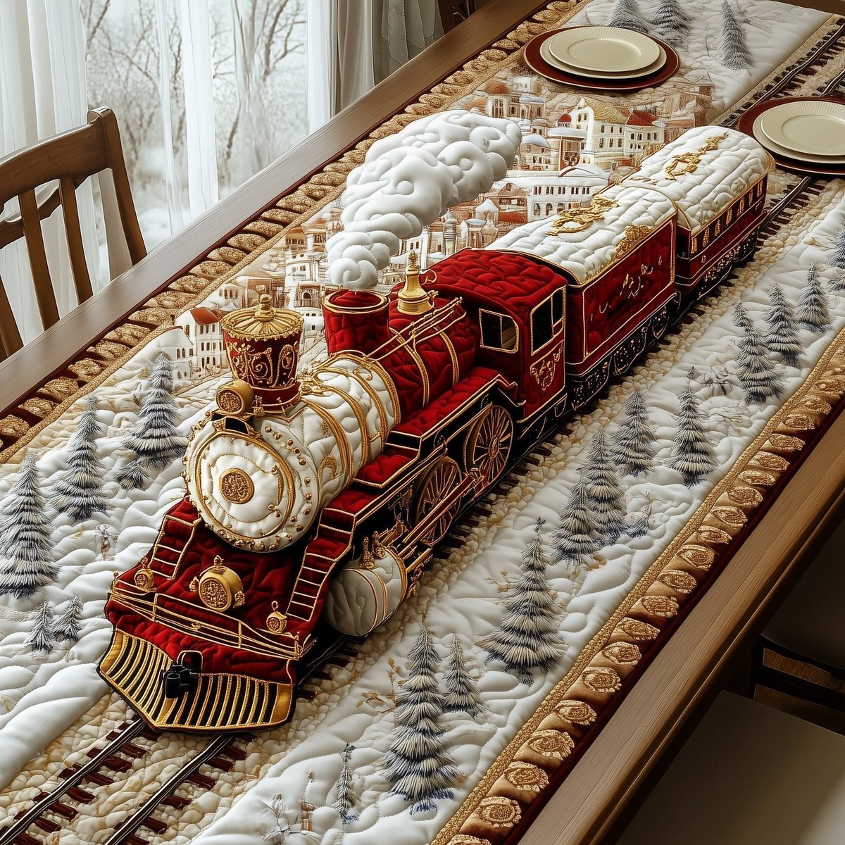 Red Train on Snowy Track Table Runner - Made to Order TABLE928