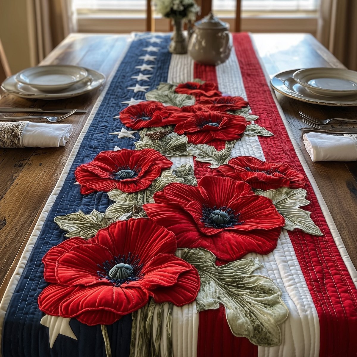 Red Poppies with Striped Border Table Runner - Made to Order TABLE928