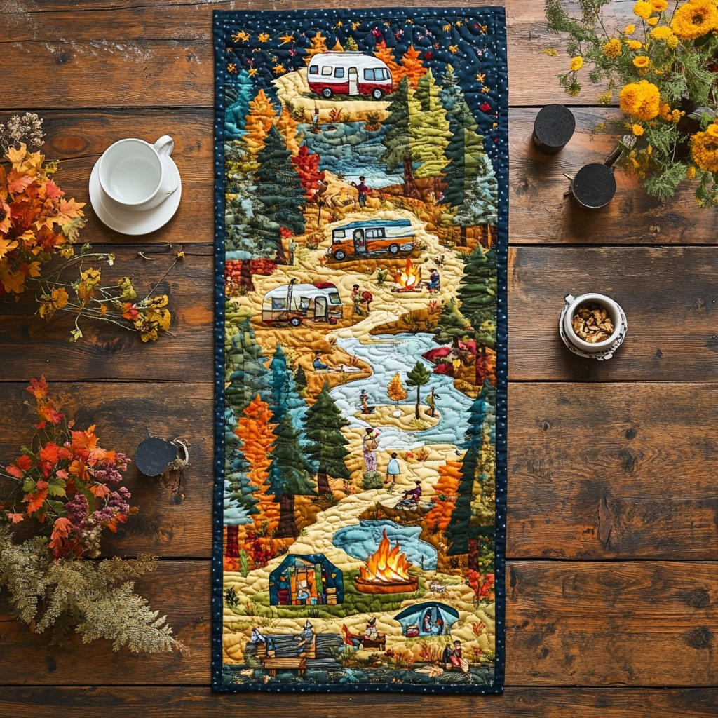 Riverside Campsite with Trailers Table Runner - Made to Order TABLE928