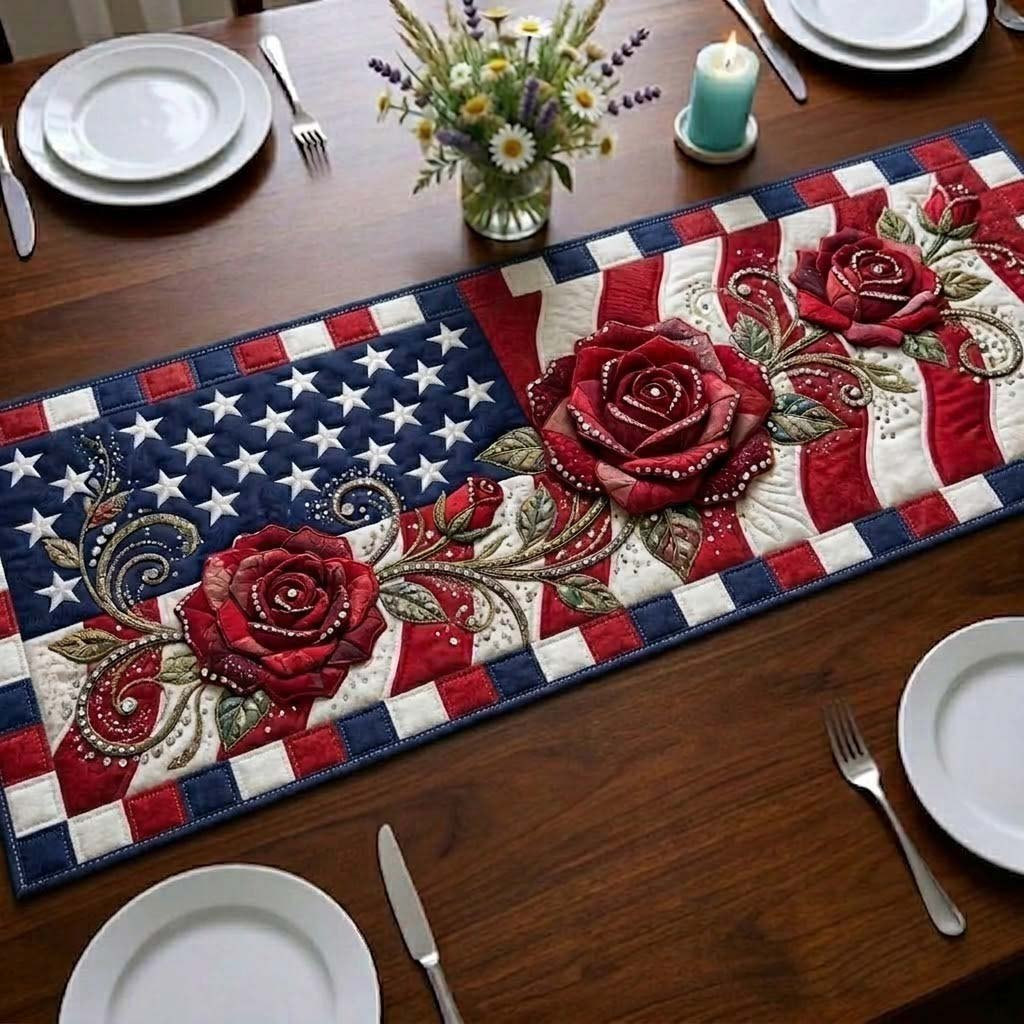 Red Roses on the Flag Table Runner - Made to Order TABLE928