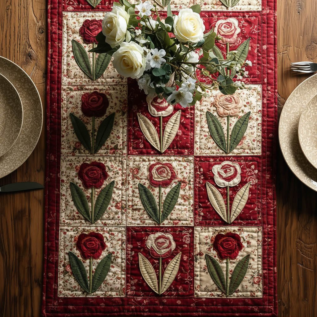 Roses and Tulips in Red Squares Table Runner - Made to Order TABLE928