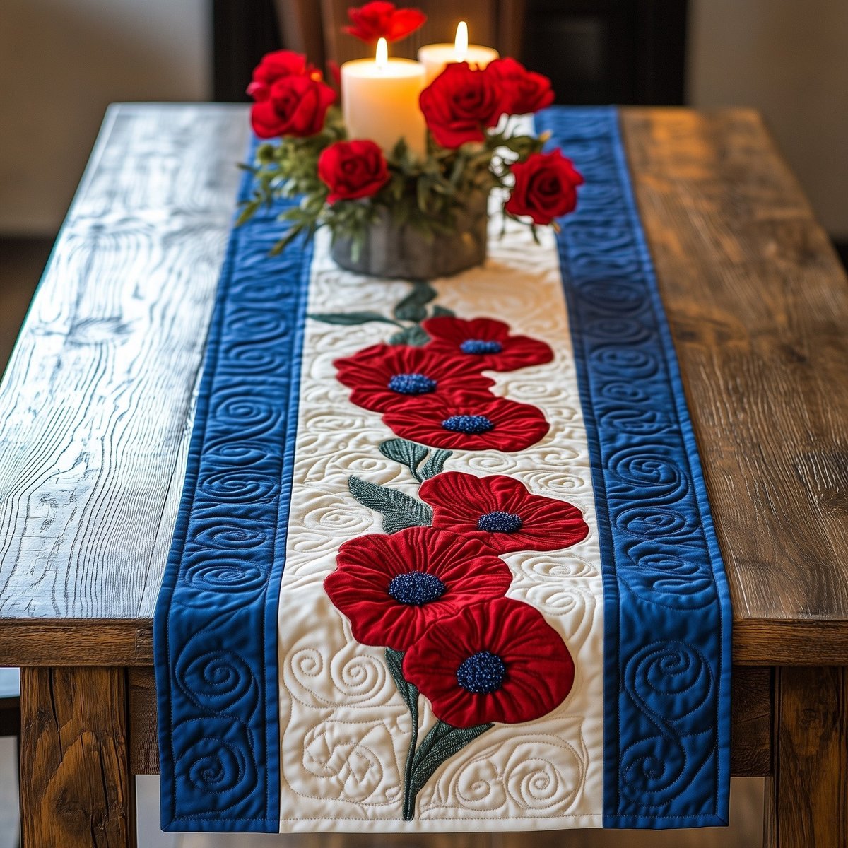 Red Poppy Bouquet on White Table Runner - Made to Order TABLE928
