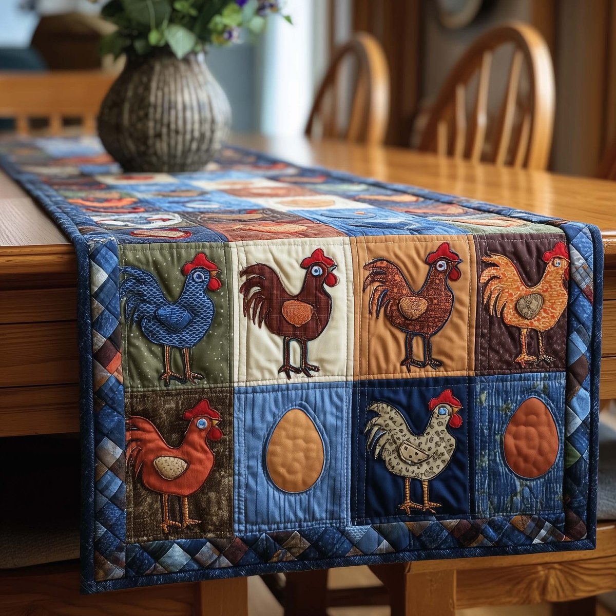 Roosters and Eggs on Blue Squares Table Runner - Made to Order TABLE928