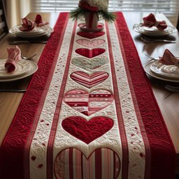 Red Hearts on Striped Panel Table Runner - Made to Order TABLE928