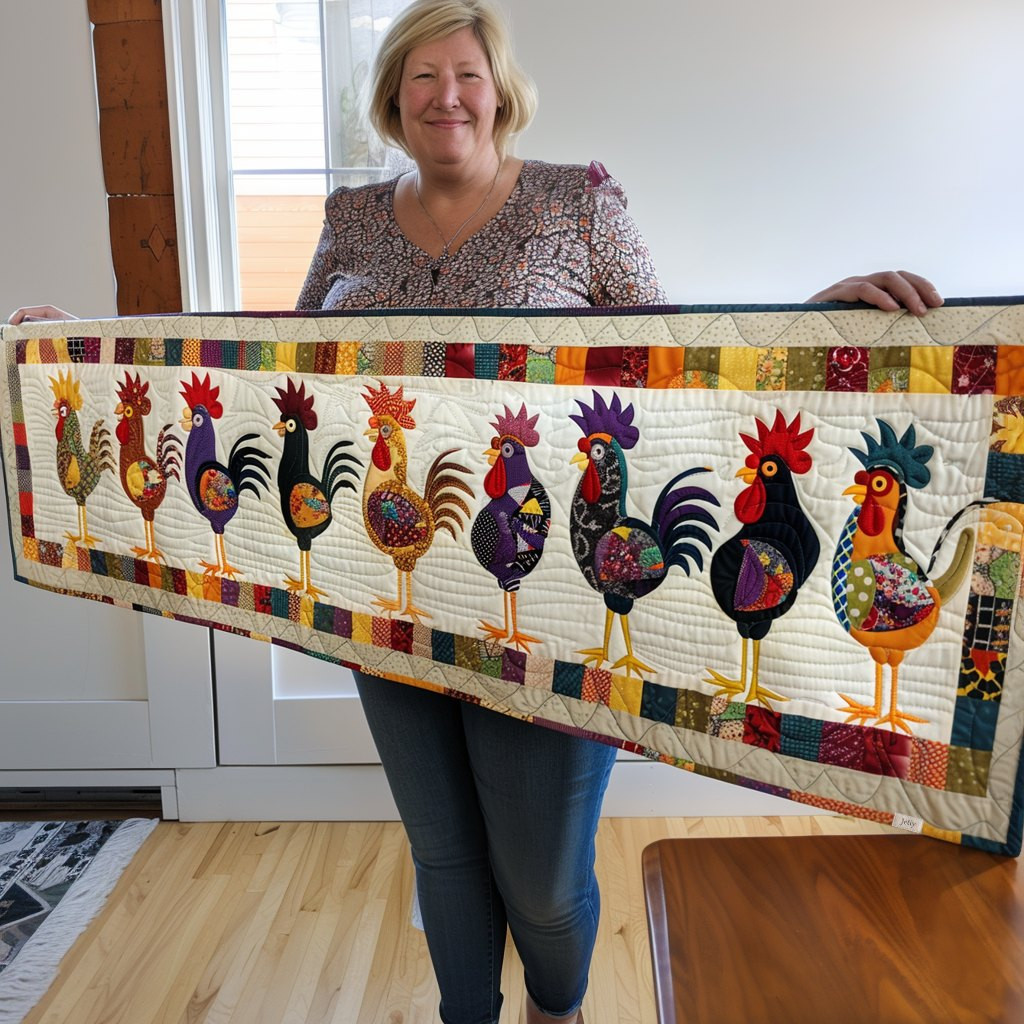 Row of Colorful Folk Roosters Table Runner - Made to Order TABLE928