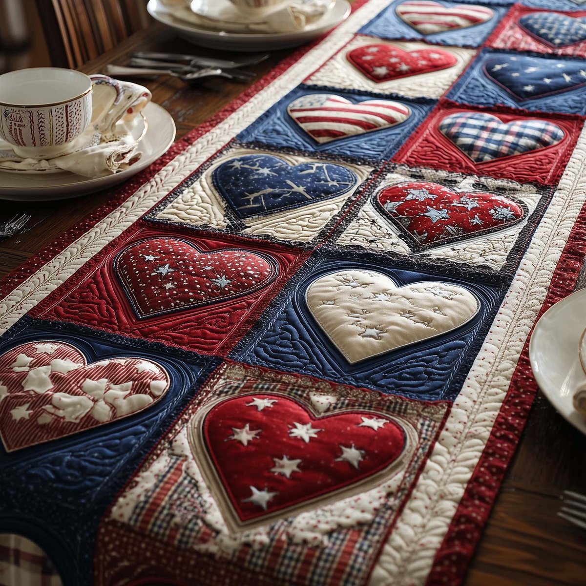 Red White and Blue Heart Blocks Table Runner - Made to Order TABLE928