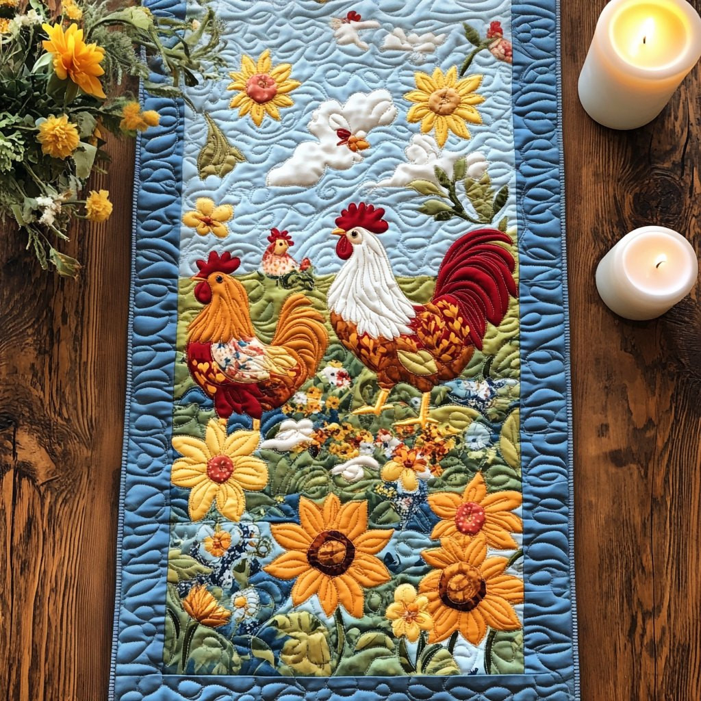 Rooster and Hen Among Sunflowers Table Runner - Made to Order TABLE928