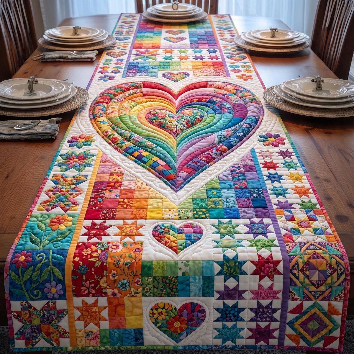 Rainbow Heart with Star Blocks Table Runner - Made to Order TABLE928
