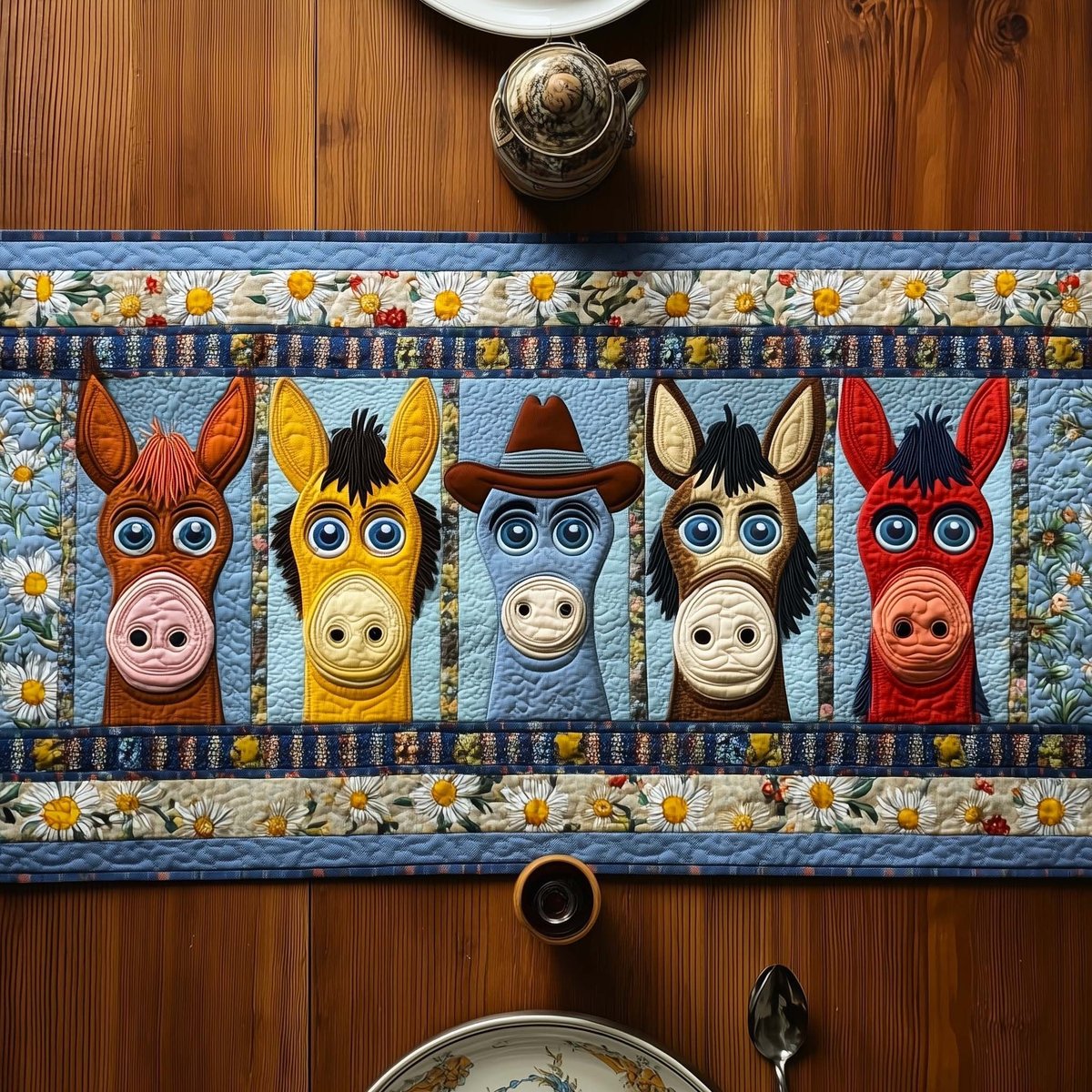 Rainbow Donkey Heads on Blue Table Runner - Made to Order TABLE928