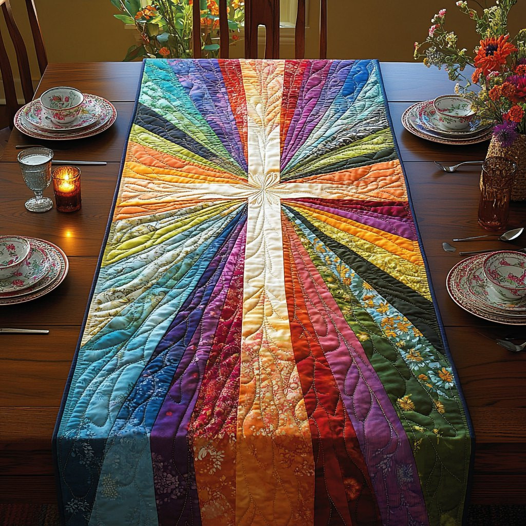 Radiant Cross on Rainbow Rays Table Runner - Made to Order TABLE928