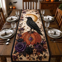 Raven on Pumpkin with Dark Roses Table Runner - Made to Order TABLE928