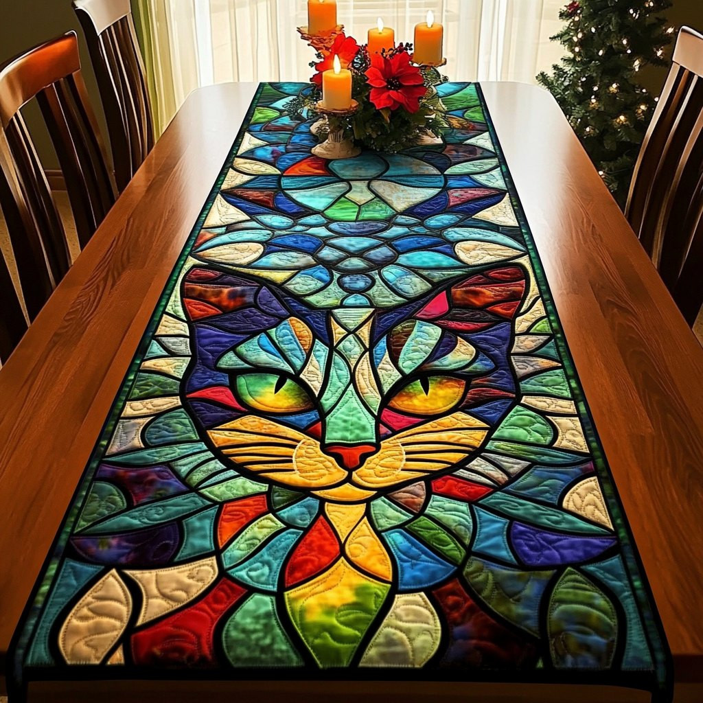 Rainbow Stained Glass Cat Face Table Runner - Made to Order TABLE928
