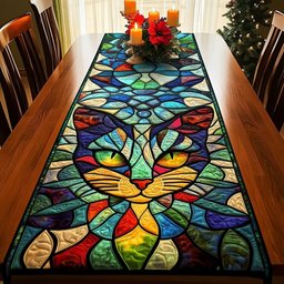 Rainbow Stained Glass Cat Face Table Runner - Made to Order TABLE928