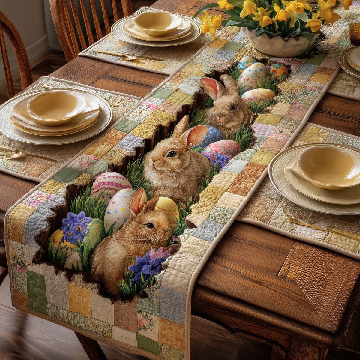 Rabbits with Eggs on Patchwork Table Runner - Made to Order TABLE928