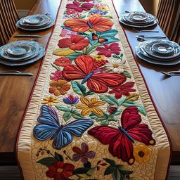 Red and Blue Butterflies on Cream Table Runner - Made to Order TABLE928