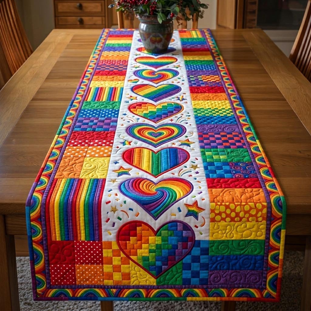 Rainbow Hearts with Striped Blocks Table Runner - Made to Order TABLE928