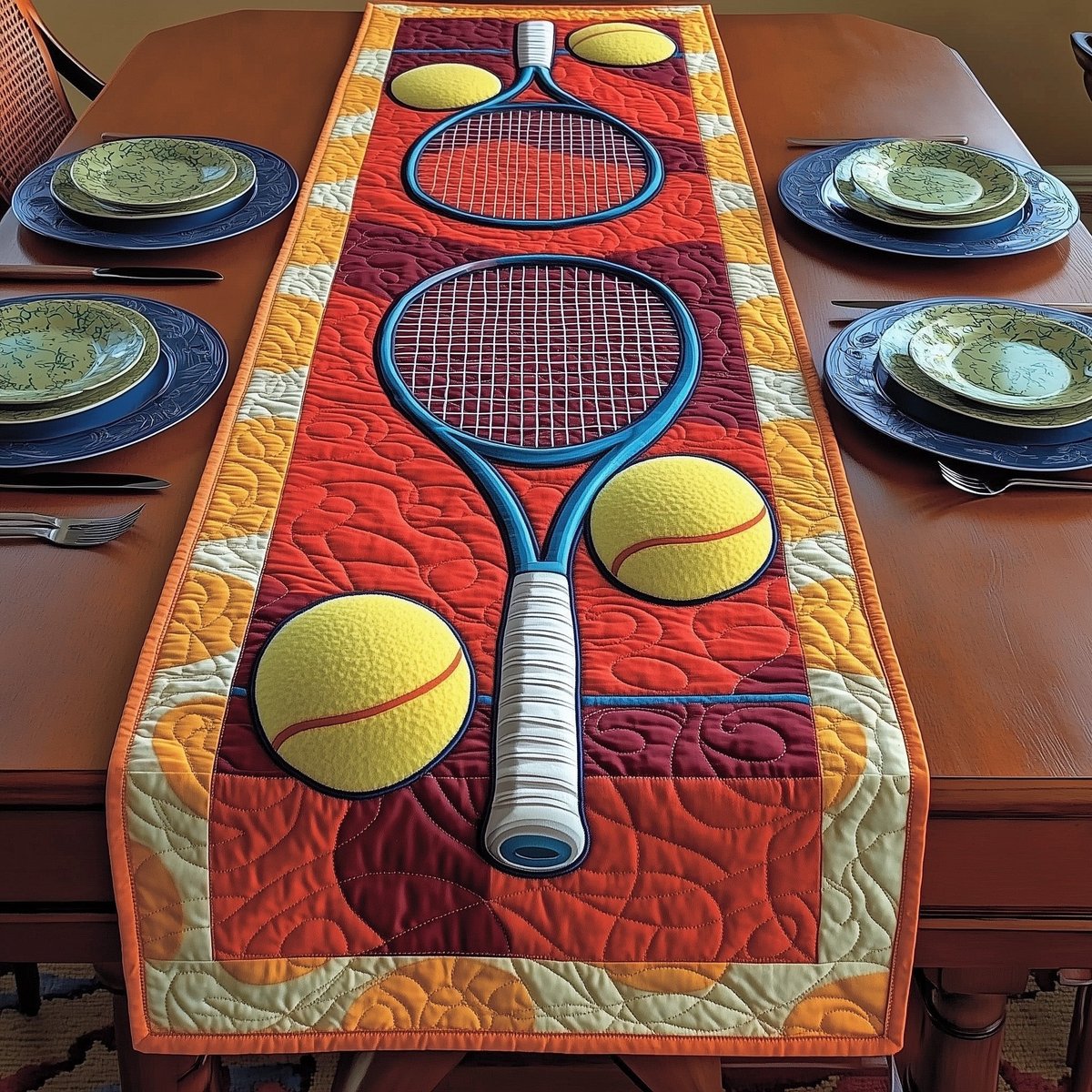 Racket and Ball on Red Panel Table Runner - Made to Order TABLE928