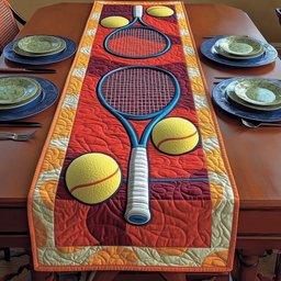 Racket and Ball on Red Panel Table Runner - Made to Order TABLE928