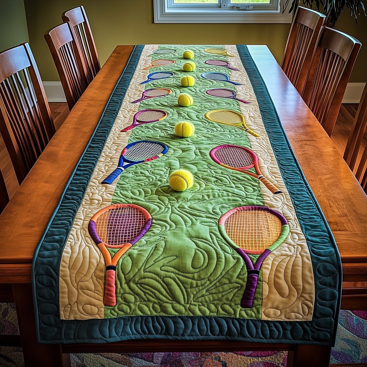 Rackets on Green Court Panel Table Runner - Made to Order TABLE928