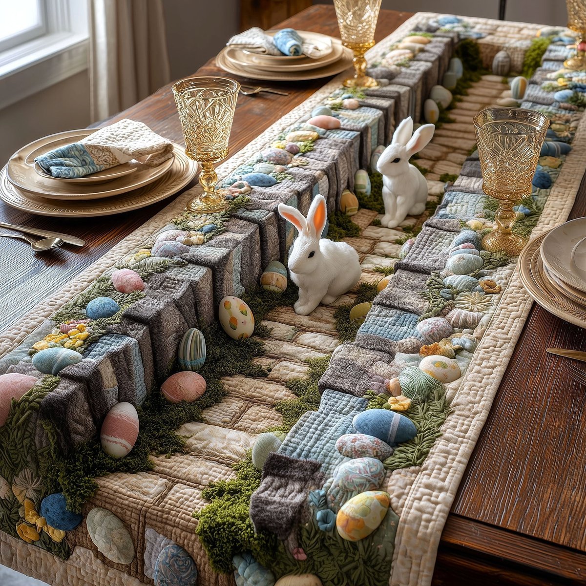 Rabbit on a Stone Wall with Eggs Table Runner - Made to Order TABLE928