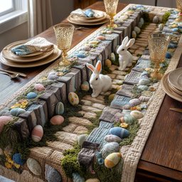 Rabbit on a Stone Wall with Eggs Table Runner - Made to Order TABLE928