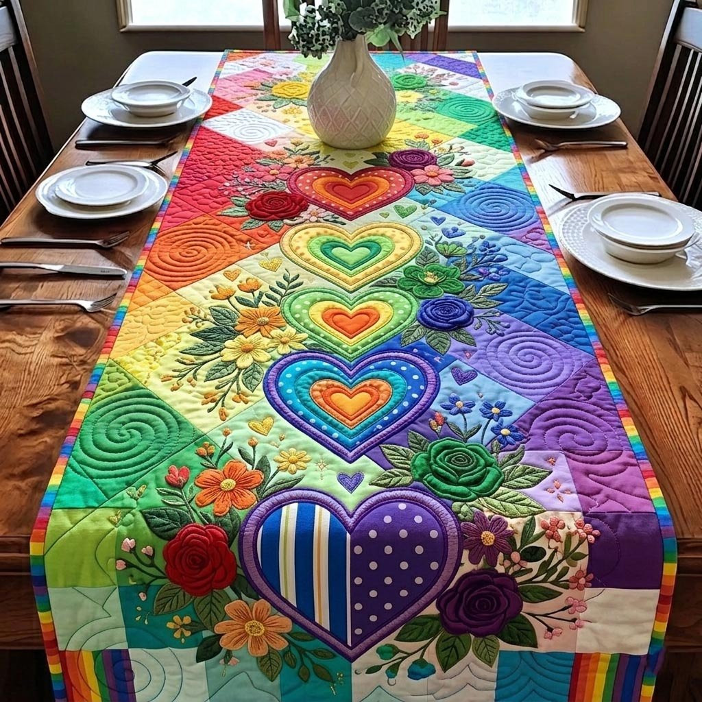 Rainbow Hearts Among Swirling Flowers Table Runner - Made to Order TABLE928