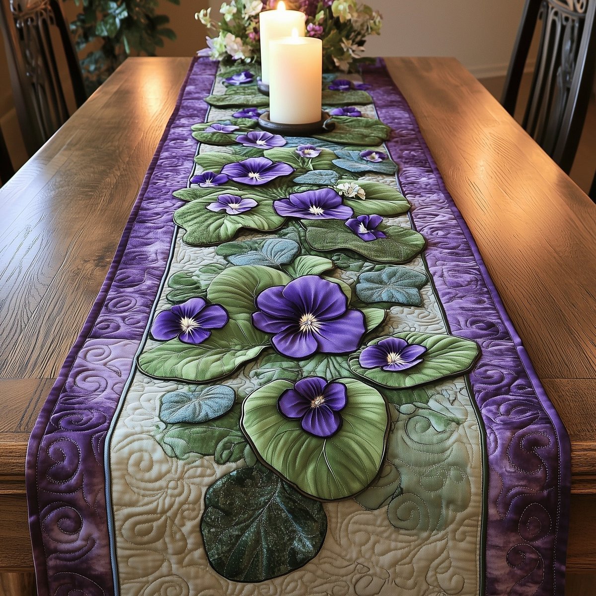 Purple Violets on Cream Panel Table Runner - Made to Order TABLE928