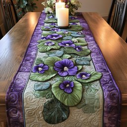 Purple Violets on Cream Panel Table Runner - Made to Order TABLE928