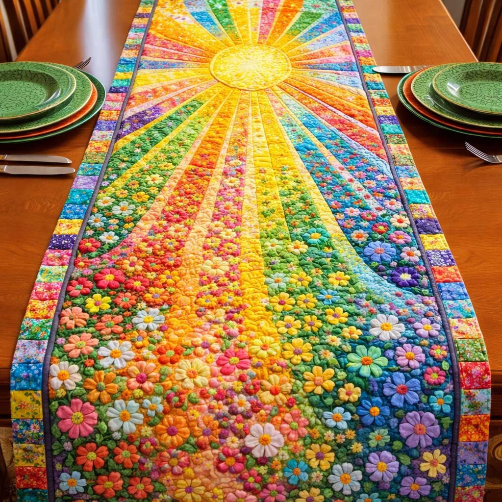 Rainbow Stripes with Scattered Flowers Table Runner - Made to Order TABLE928
