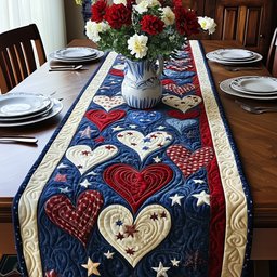 Red and Cream Hearts on Denim Blue Table Runner - Made to Order TABLE928