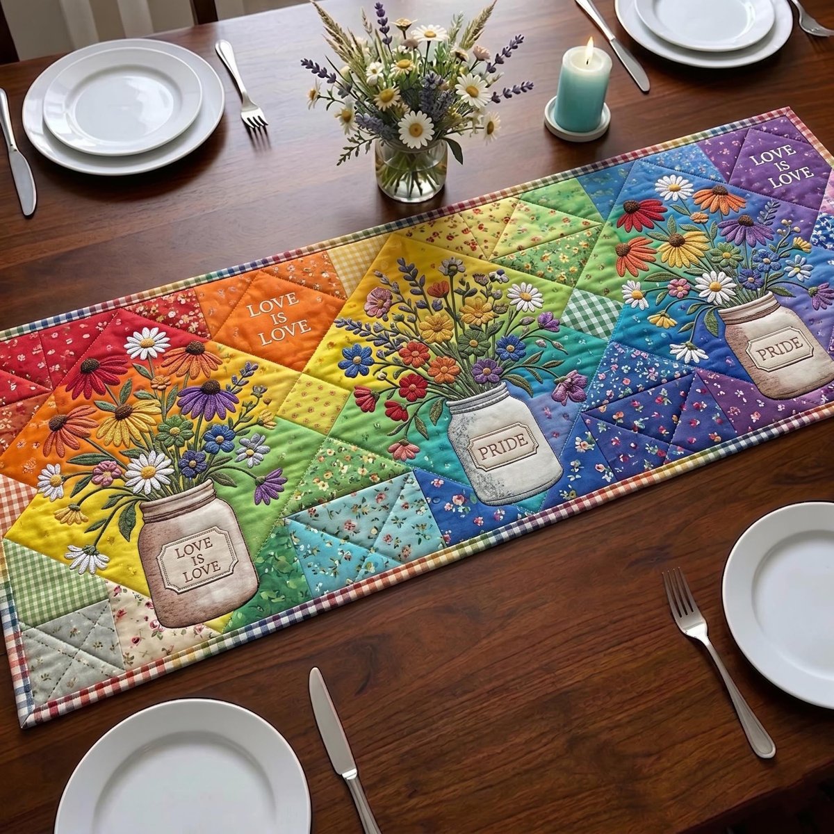 Rainbow Patchwork with Flowers and Jars Table Runner - Made to Order TABLE928