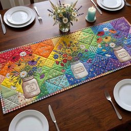 Rainbow Patchwork with Flowers and Jars Table Runner - Made to Order TABLE928
