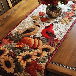 Red and Brown Cardinals with Pumpkins Table Runner - Made to Order TABLE928